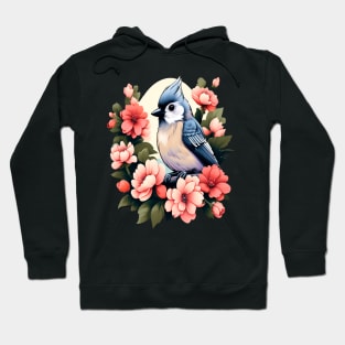 Cute Tufted Titmouse Surrounded by Vibrant Spring Flowers Hoodie